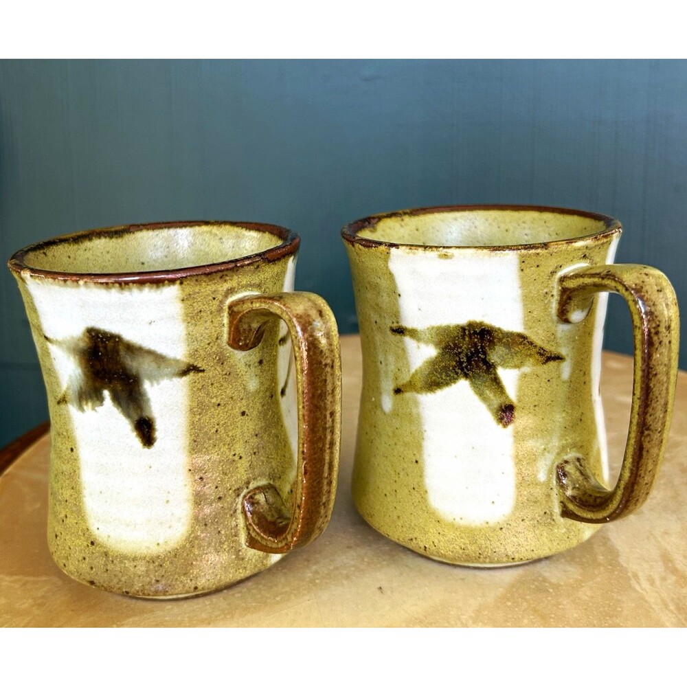 Vintage Mid Century Studio Pottery Stoneware Mugs Bamboo Leaf Set of 2 Green